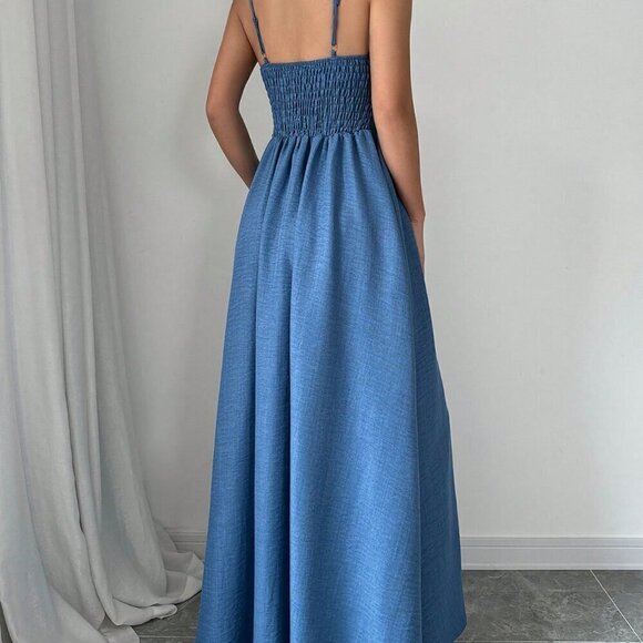 Dusty Blue Elegant Women's Solid Color Ruffle Hem Dress - Picture 2 of 6